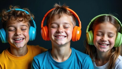 Three kids wear colorful headphones, eyes closed smiling, sharing happy moment listening to music together. Youthful joy, carefree fun, friendship bond, casual lifestyle.