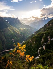 A breathtaking landscape with verdant mountains and a winding river valley, sunlight streaming through the clouds