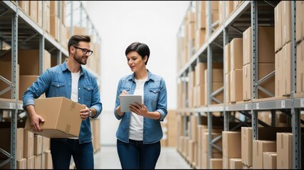 Warehouse Workers Managing Inventory with Tablet