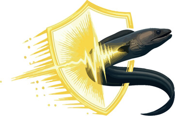 Electric eel with shield conceptual vector illustration for protection and power isolated on white background