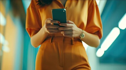 A young woman in a smart orange jumpsuit checking her cell phone, likely texting or using an app, capturing the modern lifestyle of multitasking and digital connectivity. - Powered by Adobe