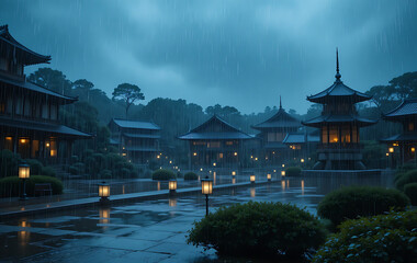 Serene Japanese Temple Garden Illuminated by Lanterns in Rainy Weather