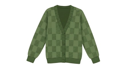 Illustration of a green checkered cardigan with buttons on a plain white background