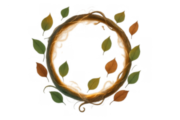 Glowing vine wreath circle with autumn leaves featuring magic forest light and transparent background