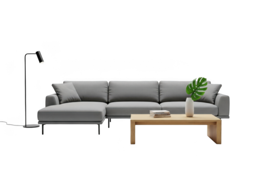 Gray sectional sofa with coffee table and lamp isolated on a transparent background