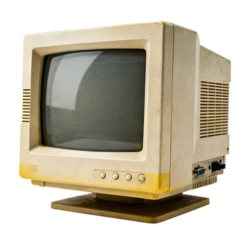 1990s CRT computer monitor in vintage on white background 