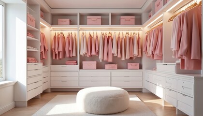 Well organized modern walk in closet interior with stylish pink clothes neatly arranged. White drawers, shelves, and soft ottoman complete this chic dressing room.