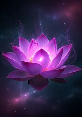 Radiant lotus blooms against ethereal galactic background, purple flower