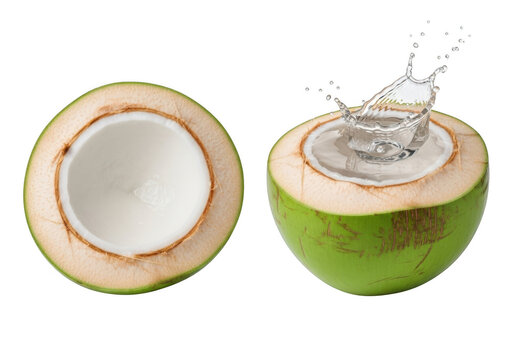 Green coconut half with water splash isolated on a transparent background image