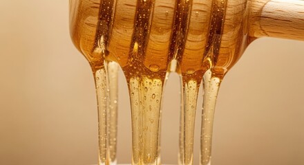 Golden honey drips from wooden dipper offering a delicious, sweet, and natural health benefit