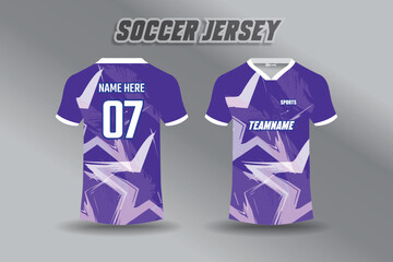 Modern purple soccer jersey design template, front and back view for sports team