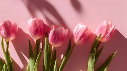 Obraz premium Beautiful pink tulips with long shadows on a pink background.