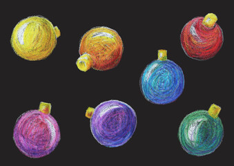 Christmas Baubles Clipart - Boules de Noël colorées dessinées au pastel, décorations festives faites main pour cartes, affiches et projets créatifs