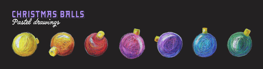 Christmas Baubles Clipart - Boules de Noël colorées dessinées au pastel, décorations festives faites main pour cartes, affiches et projets créatifs