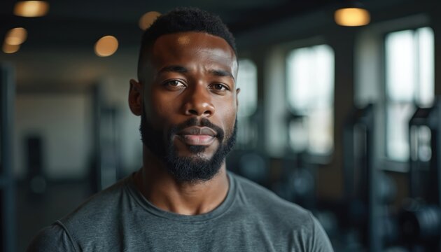 Confident African American man poses in gym. Serious expression, looking at camera. Male model represents health, fitness, lifestyle, strength. Athlete trains daily for wellness, body goals. Active