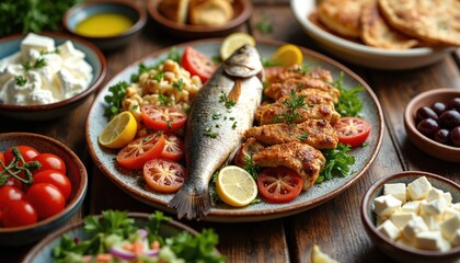 Greek cuisine assortment on wooden table. Full plate of fish, grilled meat, salad, feta cheese and olives. National food, mediterranean lunch or dinner concept served at taverna.