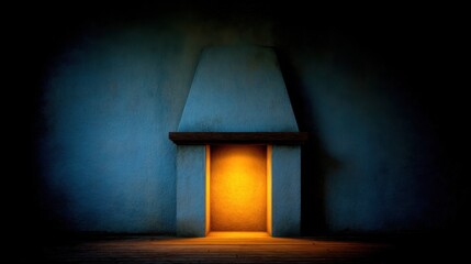Cozy fireplace glowing warmly in a dark room with blue walls creating a serene and inviting atmosphere for relaxation and comfort
