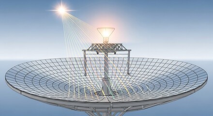 Solar power dish reflects sun rays to tower receiver against a blue gradient sky