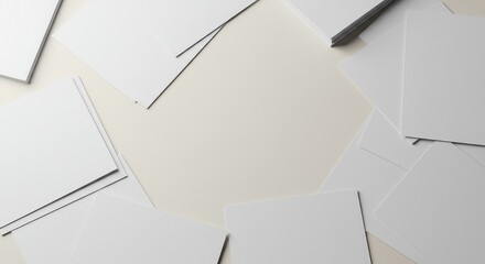 Disorganized white paper sheets scattered randomly across a pale surface creating visual confusion and negative space for design overlay content ,unorganized ,template ,messy