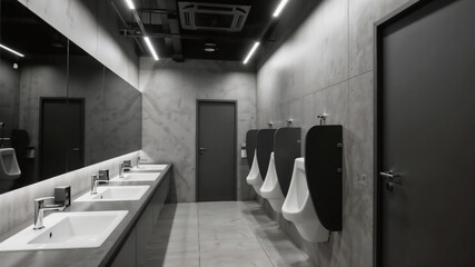 Modern public restroom for men featuring urinals and sinks interior