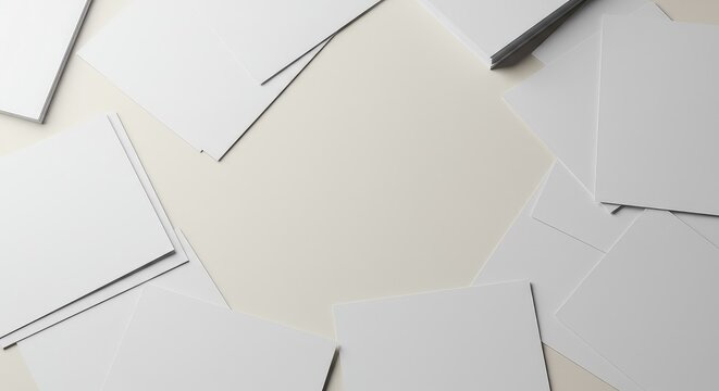 Disorganized white paper sheets scattered randomly across a pale surface creating visual confusion and negative space for design overlay content ,unorganized ,template ,messy