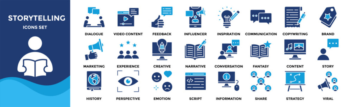 Storytelling icon set collection in flat style. Icon pack contains narrative, plot, script, dialogue, video content, strategy, influencer, inspiration, communication, content, marketing, viral
