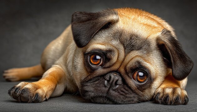 Charming Close-Up of a Fawn Pug Exuding Adorable Expressions Against a Soft Gray Background
