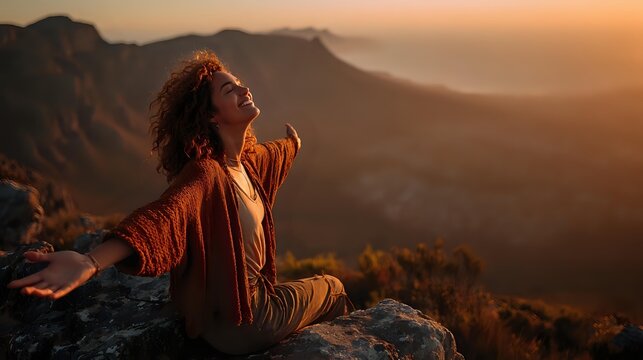 Young woman with curly hair enjoying sunset on mountain peak, arms outstretched in freedom pose against dramatic landscape backdrop. - Powered by Adobe
