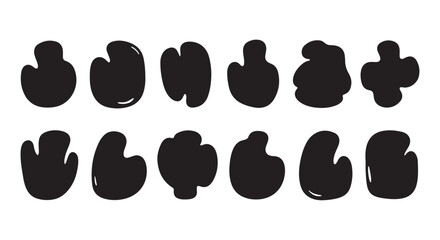 Modern abstract liquid blob and organic round shape composition featuring soft oval curves, irregular bubble forms, smooth wavy strokes, asymmetric splashes, minimal white textures, trendy geometric