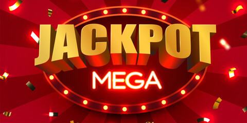 Mega Jackpot 3D golden text with glowing frame and confetti on a red background. A vibrant illustration for winning concepts.
