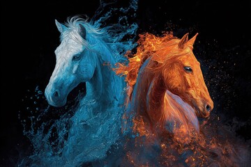 Majestic horses depicted in vibrant colors, one in icy blue tones and the other in fiery orange, symbolizing the elements of water and fire in a stunning artistic representation
