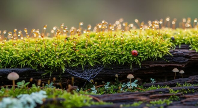 Delicate moss and tiny mushrooms glistening with dew, ladybug rests peacefully in tranquil woodland scene