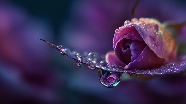 Purple rose bud with water droplets in macro photography, showing morning dew on delicate petals against blurred dark background. - Powered by Adobe
