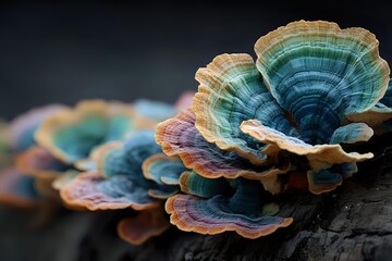 Vibrant turquoise and orange turkey tail mushrooms growing on dark wood, showcasing natural patterns and textures in macro photography.
