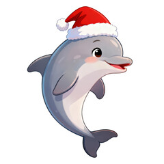 Cute happy cartoon dolphin animal wearing red santa hat for christmas holiday celebration. Joyful character art