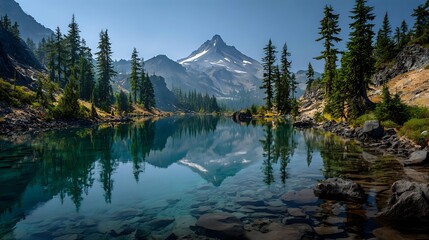 Serene mountain lake with crystal clear water reflecting snow-capped peak, surrounded by evergreen forest and rocky shoreline in wilderness landscape.