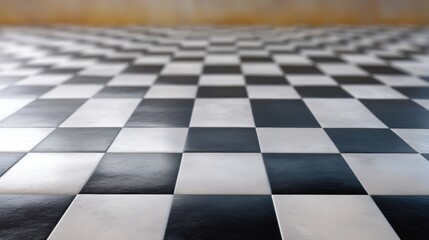 Perspective View of Black and White Checkerboard Floor Tiles in an Empty Room with Soft Lighting and Gradually Faded Background Atmosphere