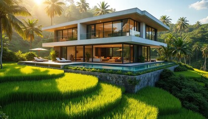 Luxury modern villa with infinity pool sits on rich green hillside overlooking terraced rice fields. Tall palm trees surround property in tropical landscape. Sunlight illuminates serene vacation home