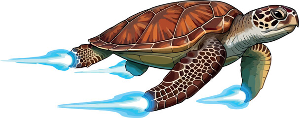 Cartoon sea turtle with rocket propulsion a fun and whimsical illustration isolated on white background