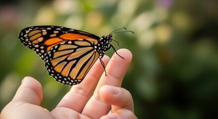 Gentle monarch butterfly alights on a fingertip creating a magical moment of connection with nature