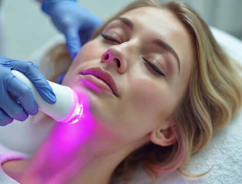 Woman gets beauty face treatment with violet light in salon. Cosmetologist makes radiofrequency lifting procedure with medical device. Female client enjoys spa wellness rejuvenation therapy for skin.