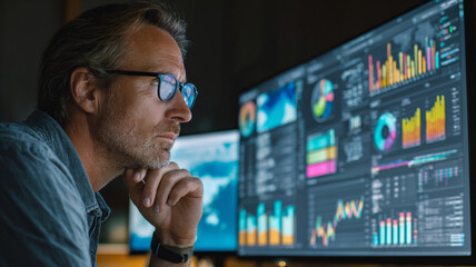 Fototapeta premium A focused professional analyzes data on multiple monitors, showcasing modern technology's impact on decision-making in a digital environment, highlighting business intelligence.