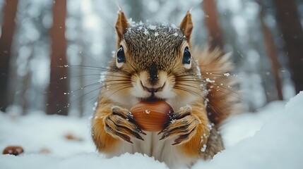 Adorable squirrel holding acorn in snowy winter forest, close-up portrait of wildlife with cute expression and fluffy fur covered in snowflakes.