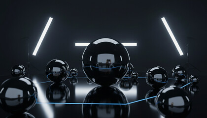 Dynamic abstract 3D rendering of polished metallic spheres joined by bright blue illuminated connections, illustrating advanced data networks and futuristic technology