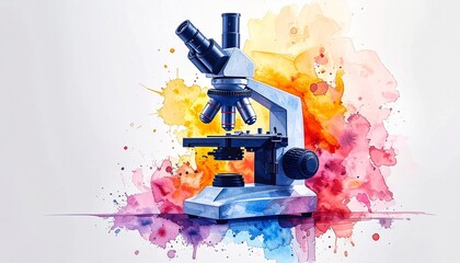 Vibrant watercolor microscope amidst a burst of colorful abstract splashes, symbolizing scientific discovery and artistic innovation in research