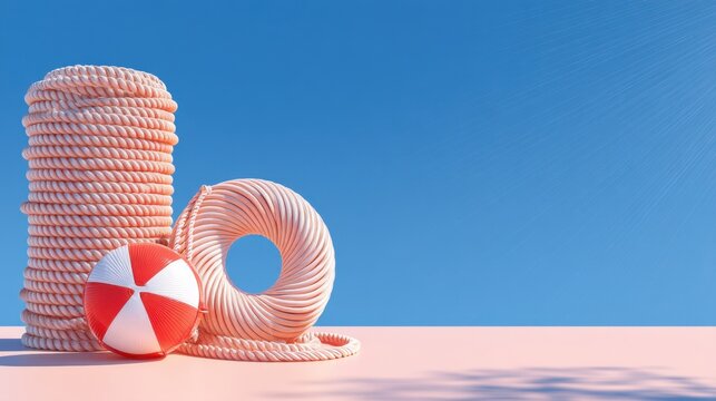 Bright Summer Scene with Lifebuoy, Beach Ball, and Coiled Rope Against a Blue Sky Creating a Relaxing Coastal Atmosphere for Vacation or Safety Themes
