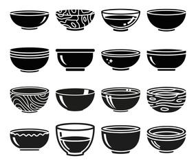 Collection of solid filled icons representing various bowl types including wooden ceramic glass metal and plastic for culinary and design use