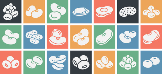 Solid filled icon set featuring navy bean lima bean pinto bean and fava bean illustrations for diverse culinary and agricultural applications