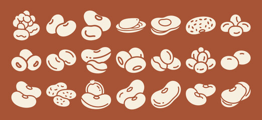 Solid filled icon set featuring diverse bean types including navy lima pinto fava and mung beans for culinary and agricultural themes