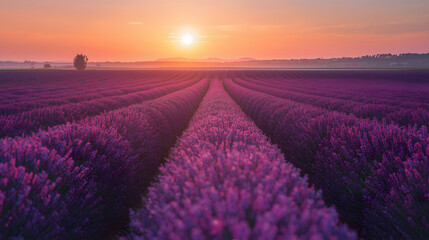 Fototapeta premium Lavender Field at Sunset – Vibrant Purple Flowers, Rows, and Scenic Summer Landscape